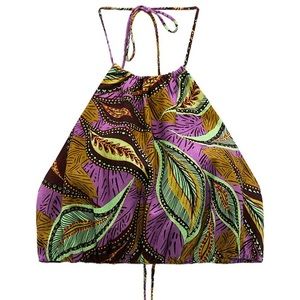 Zara Purple and Green Leaf Printed Linen Halter Crop Top